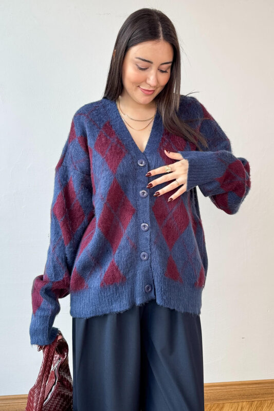 TRK-8182 Bordo-Lacivert Kırçıllı Triko Baklava Desen Oversize Hırka - 1