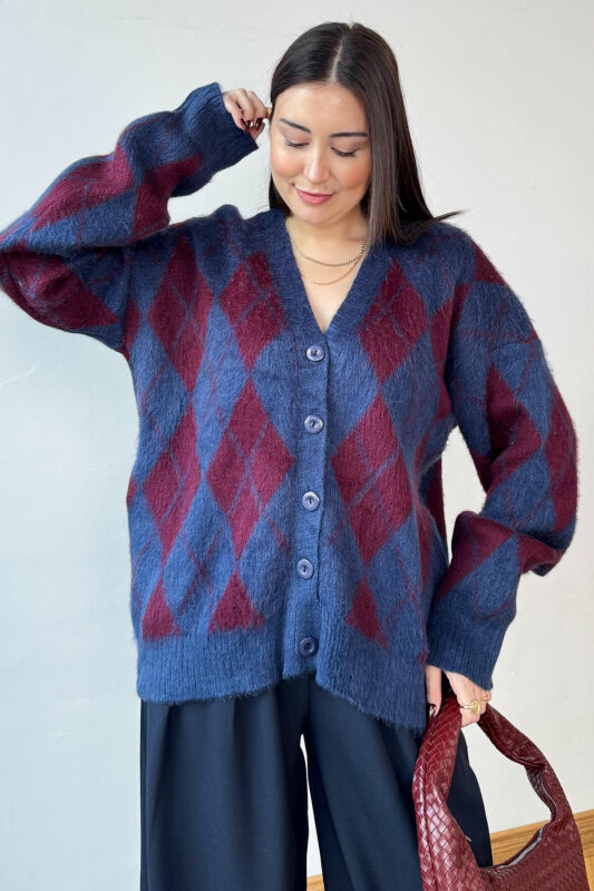 TRK-8182 Bordo-Lacivert Kırçıllı Triko Baklava Desen Oversize Hırka - 4