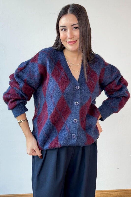 TRK-8182 Bordo-Lacivert Kırçıllı Triko Baklava Desen Oversize Hırka - 5