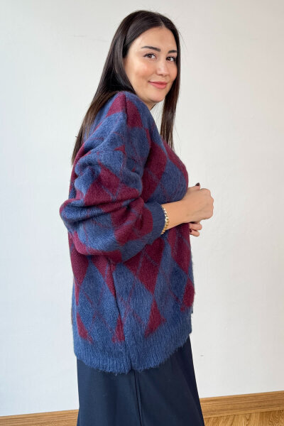 TRK-8182 Bordo-Lacivert Kırçıllı Triko Baklava Desen Oversize Hırka - 6