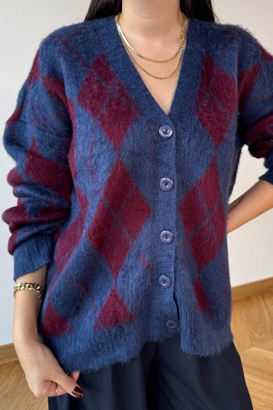 TRK-8182 Bordo-Lacivert Kırçıllı Triko Baklava Desen Oversize Hırka - 2