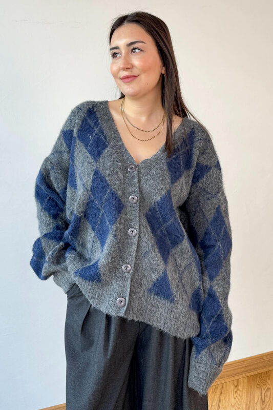TRK-8182 İndigo-Gri Kırçıllı Triko Baklava Desen Oversize Hırka - 3