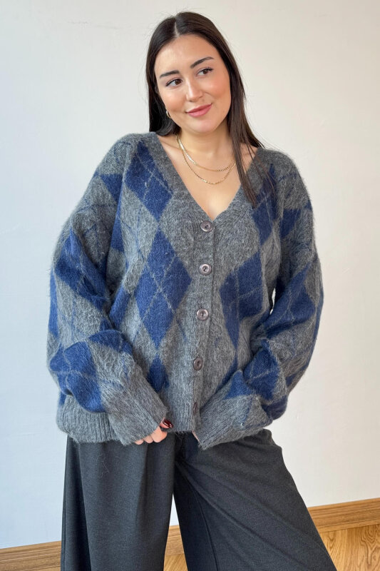 TRK-8182 İndigo-Gri Kırçıllı Triko Baklava Desen Oversize Hırka - 5