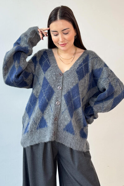 TRK-8182 İndigo-Gri Kırçıllı Triko Baklava Desen Oversize Hırka 