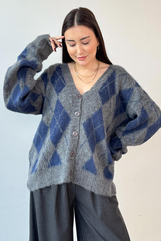 TRK-8182 İndigo-Gri Kırçıllı Triko Baklava Desen Oversize Hırka - 1