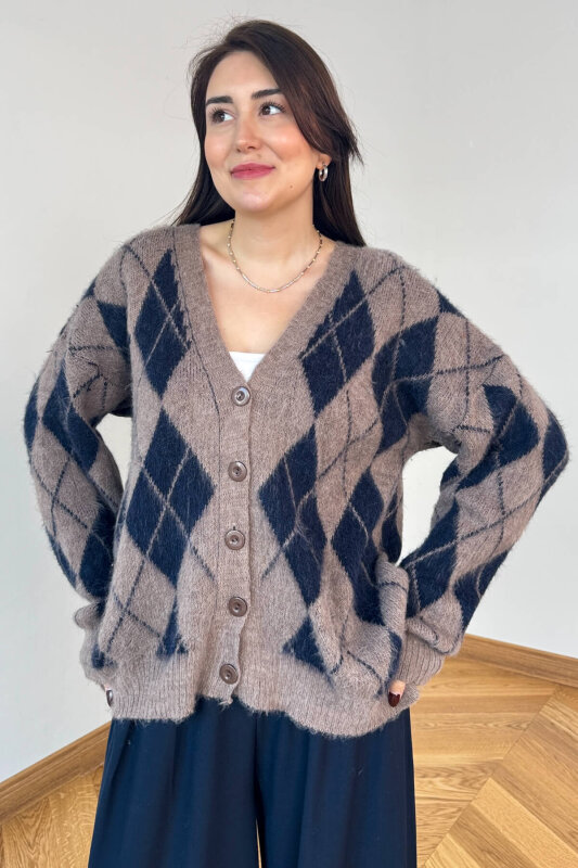 TRK-8182 Kahve-Lacivert Kırçıllı Triko Baklava Desen Oversize Hırka - 2