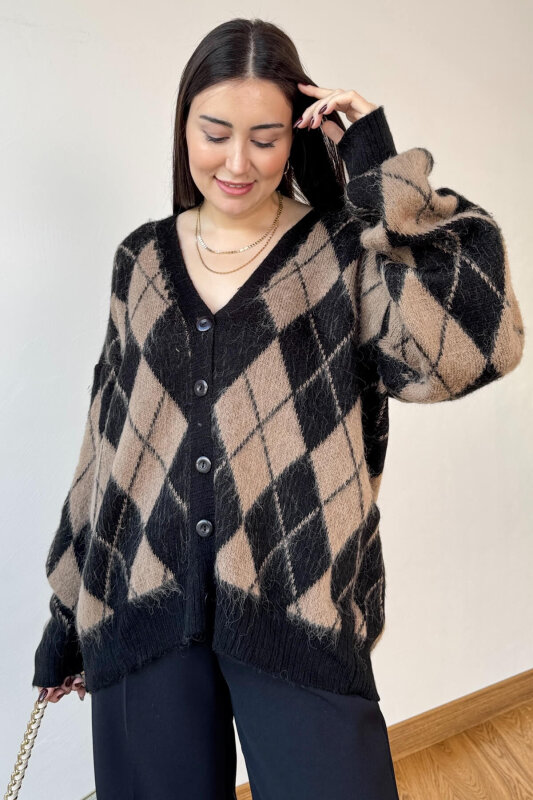 TRK-8182 Vizon-Siyah Kırçıllı Triko Baklava Desen Oversize Hırka - 3