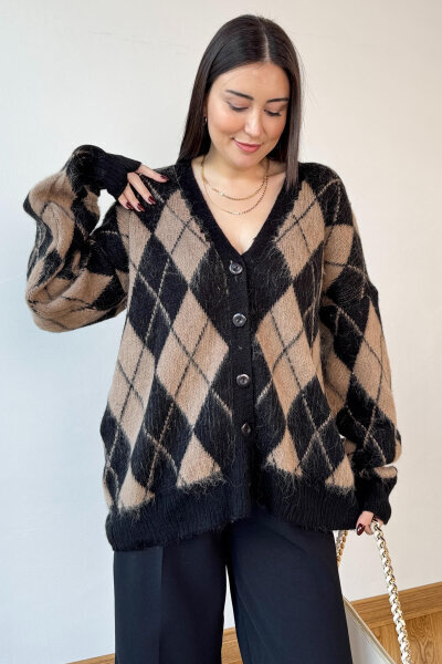 TRK-8182 Vizon-Siyah Kırçıllı Triko Baklava Desen Oversize Hırka 