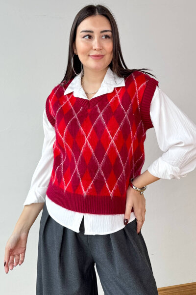 TRK-8183 Bordo Kırçıllı Triko Baklava Desen V Yaka Süveter 
