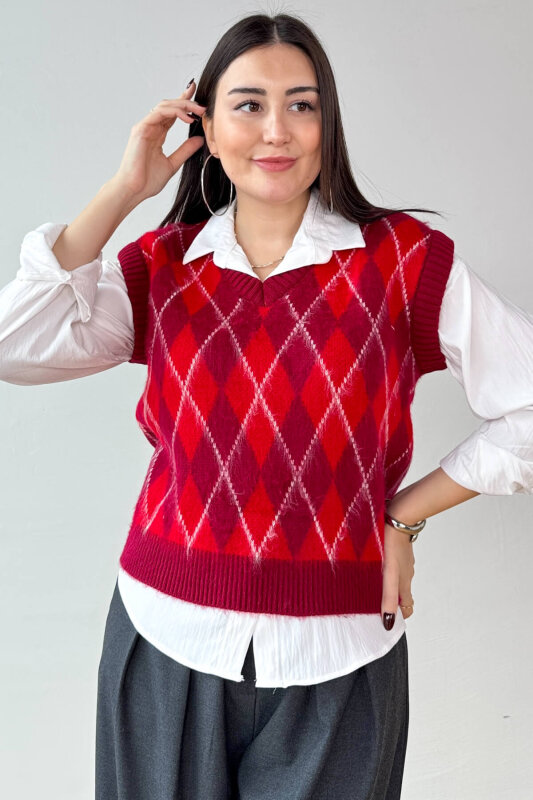 TRK-8183 Bordo Kırçıllı Triko Baklava Desen V Yaka Süveter - 3