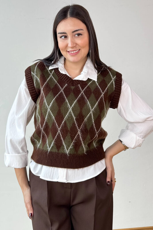 TRK-8183 Kahverengi Kırçıllı Triko Baklava Desen V Yaka Süveter - 3