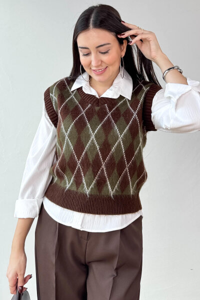 TRK-8183 Kahverengi Kırçıllı Triko Baklava Desen V Yaka Süveter - 4