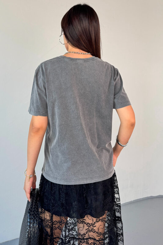 TSR-04351 Füme Yıkama Kumaş Calıfornıa Görsel Baskılı Salaş Pamuklu Tişört - 3